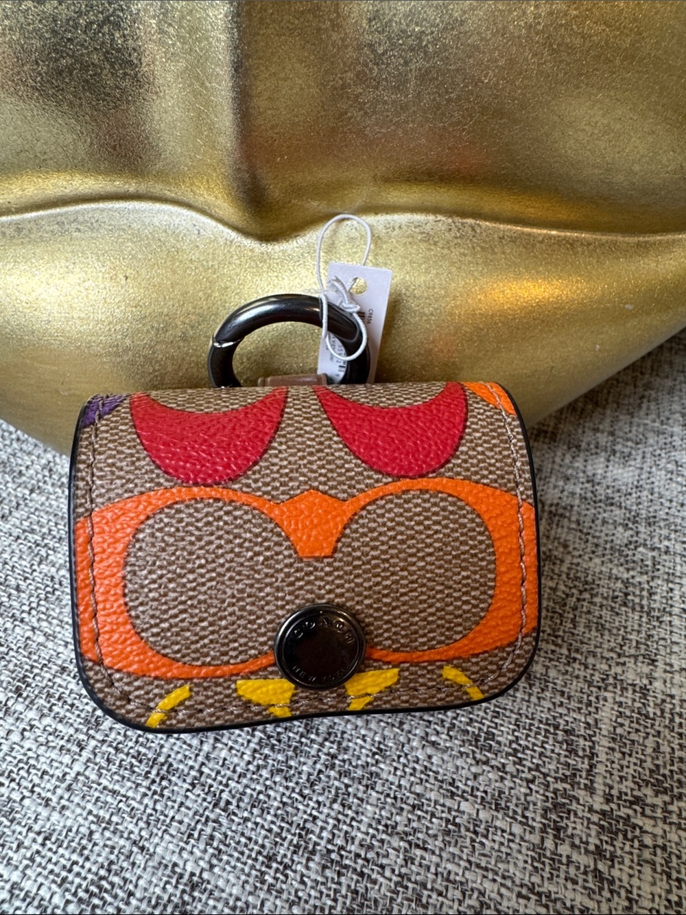Coach Mini Key Pouch in Brown with Red, Orange & Yellow Heart Print